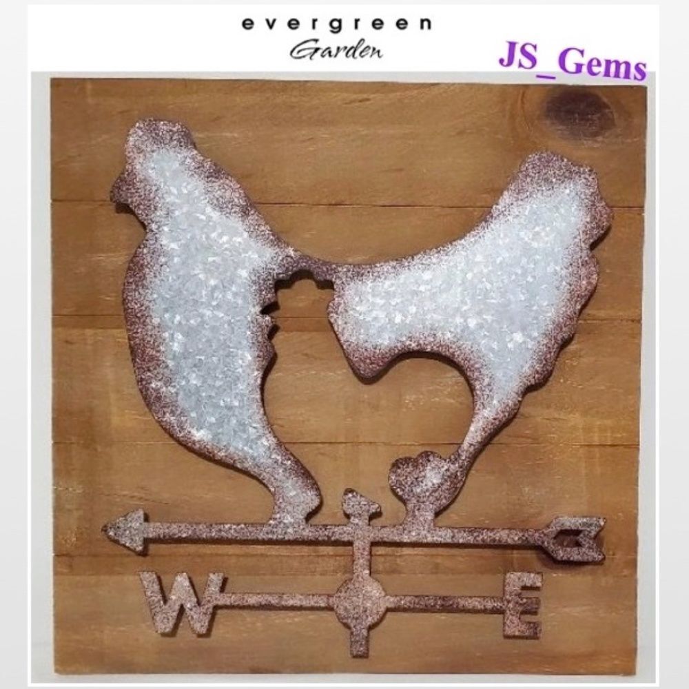 New Distressed Silver Metal Weathervane Rooster On Wood Square Home Décor